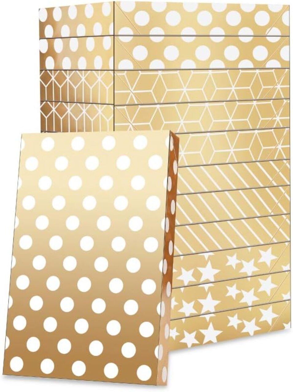 Gift Boxes for Clothes 14.5x9.5x2 Inches, Shirt Gift Boxes, Large Gold Gift Boxes with Lids (Pack of 12: Polka Dots, Stars, Stripes, Cubes)